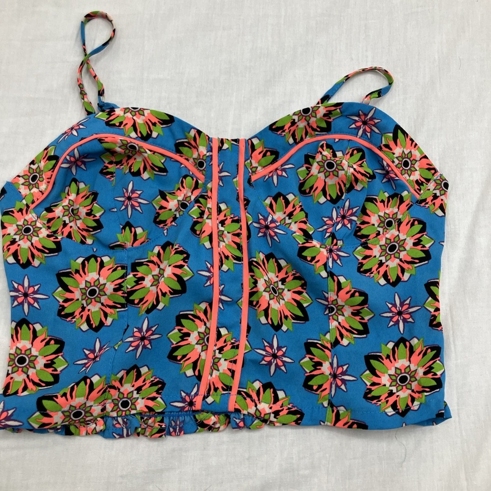 Flying Tomato Blue Crop Top Boho, Retro Floral Pattern Size S EUC